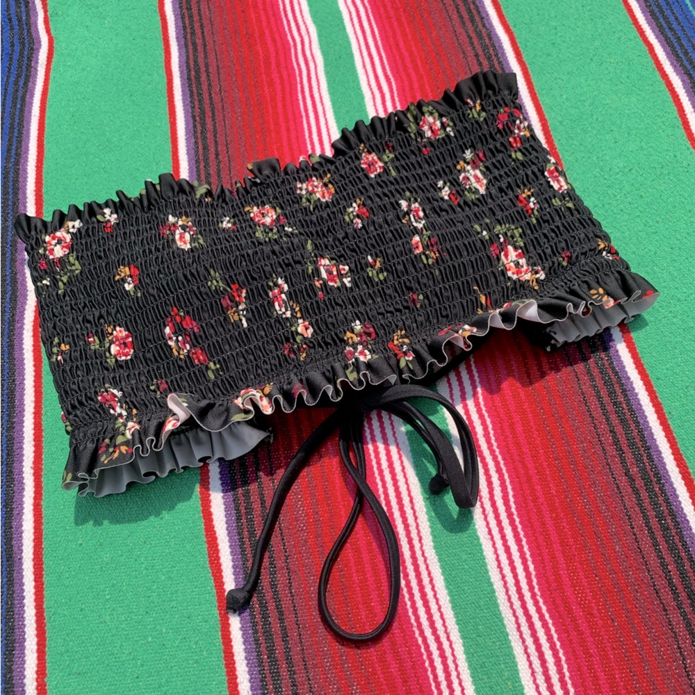 Smocked Floral Swim Suit Tube Top Lace Up Tie Back & Ruffle Hem MED